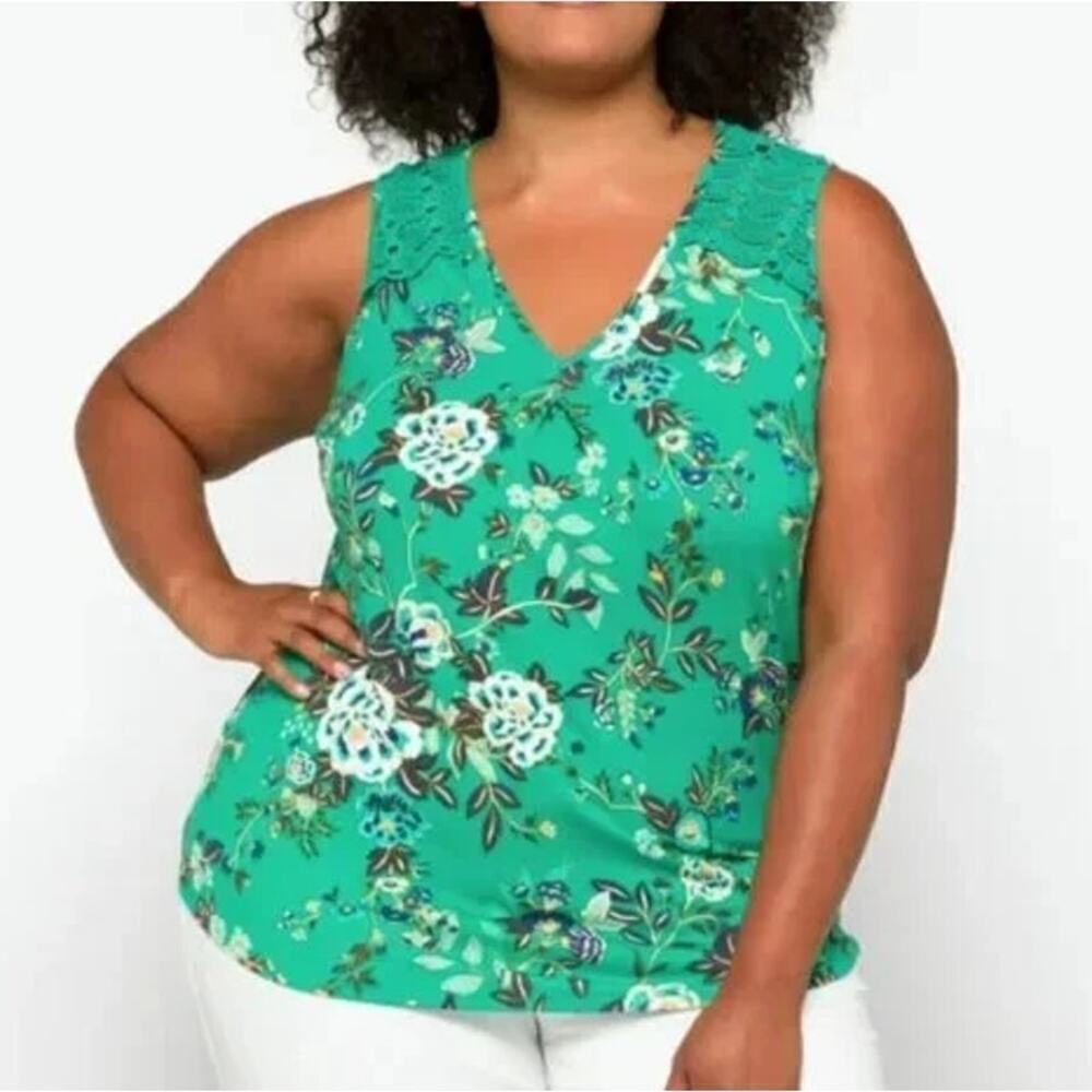 NWT Daniel Rainn Green Floral Fantine V Neck Sleeveless Crochet Lace Top Size 1X